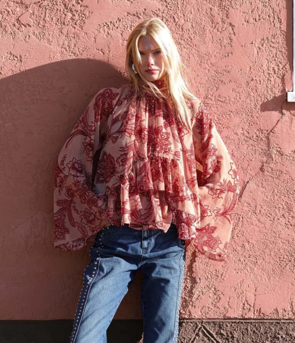 Avec Les Filles Batik Tapestry High-Low Scarf Neck Ruffle Blouse Top M NWT $138